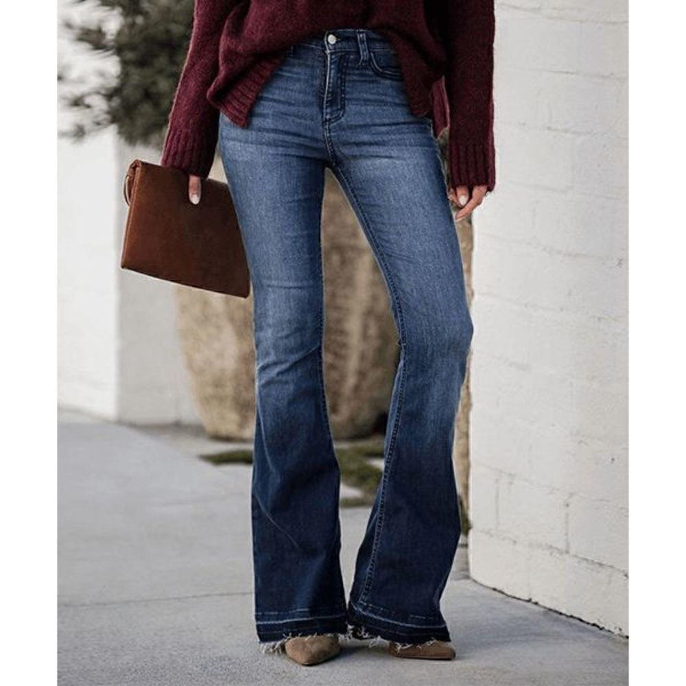 Women's Blue frayed hem Flare jeans S #1690-B4